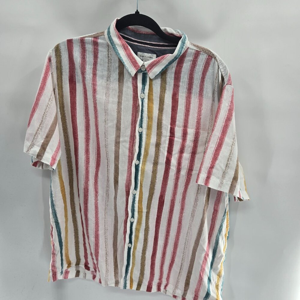 Sun+Stone Men"s Cotton Linen Blend White Vertical Stripes Button Down Shirt XXL
